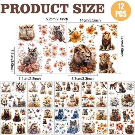 PVC 12 Sheets Woodland Animals Rub On Transfer Stickers 5.5x5.5In Animal and Plants Themed Window Decoration Featuring Bears Deer Rabbits and More for DIY Crafts Scrapbooking Furniture Decor