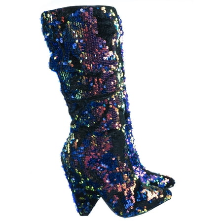 Immerse06 by Bamboo, Iridescent Sequin Embellished Slouch Tapered Pointed Toe Dress Bootie
