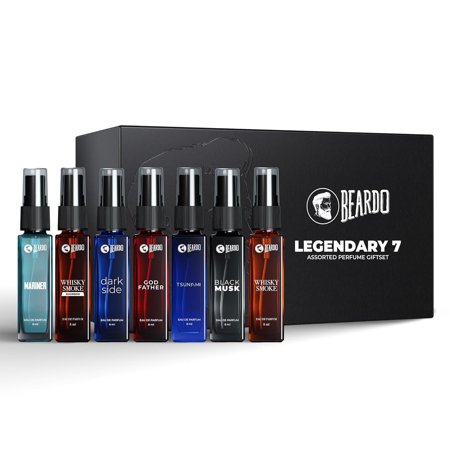 Beardo Legendary 7 Assorted Perfume Gift Set For Men Pack Of 7 X 8ml - 0.27 Fl.oz. Each | Mariner+ Whisky Smoke Bourbon+ Dark Side+ God Father+ Tsunami+ Black Musk+ Whisky Smoke Fragrances Set