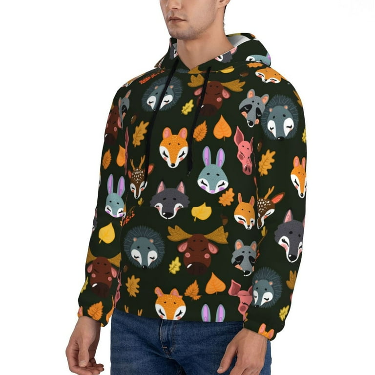 Junzan Forest Animal Faces for Men's Hoodie Fall Pullover Hooded