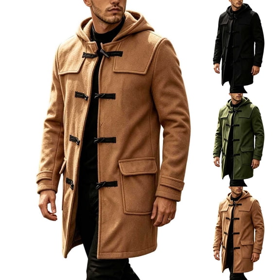 Ceisia Men's Solid Duffle Coat Hooded Toggle Button Long Wool Blend Overcoat With Side Pockets For Outdoor Wear Gift