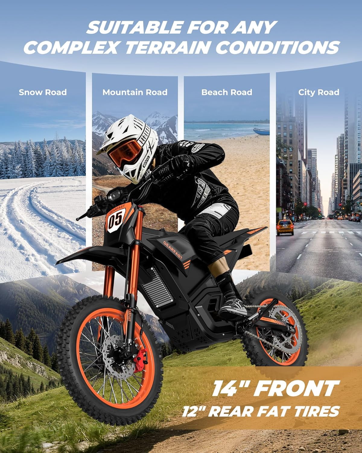 GOLUCKY Electric Dirt Bike, 3500W, 43MPH & 60 Miles, 48V/23.5AH Removable Battery, 14"/12" Tire, Hydraulic Brakes & Full Suspension, Mountain Off-Road E Dirt Bike