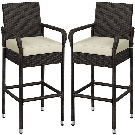Yaheetech Outdoor PE Rattan Bar Stools with Cushions and Armrests, Set of 2, Brown/Beige