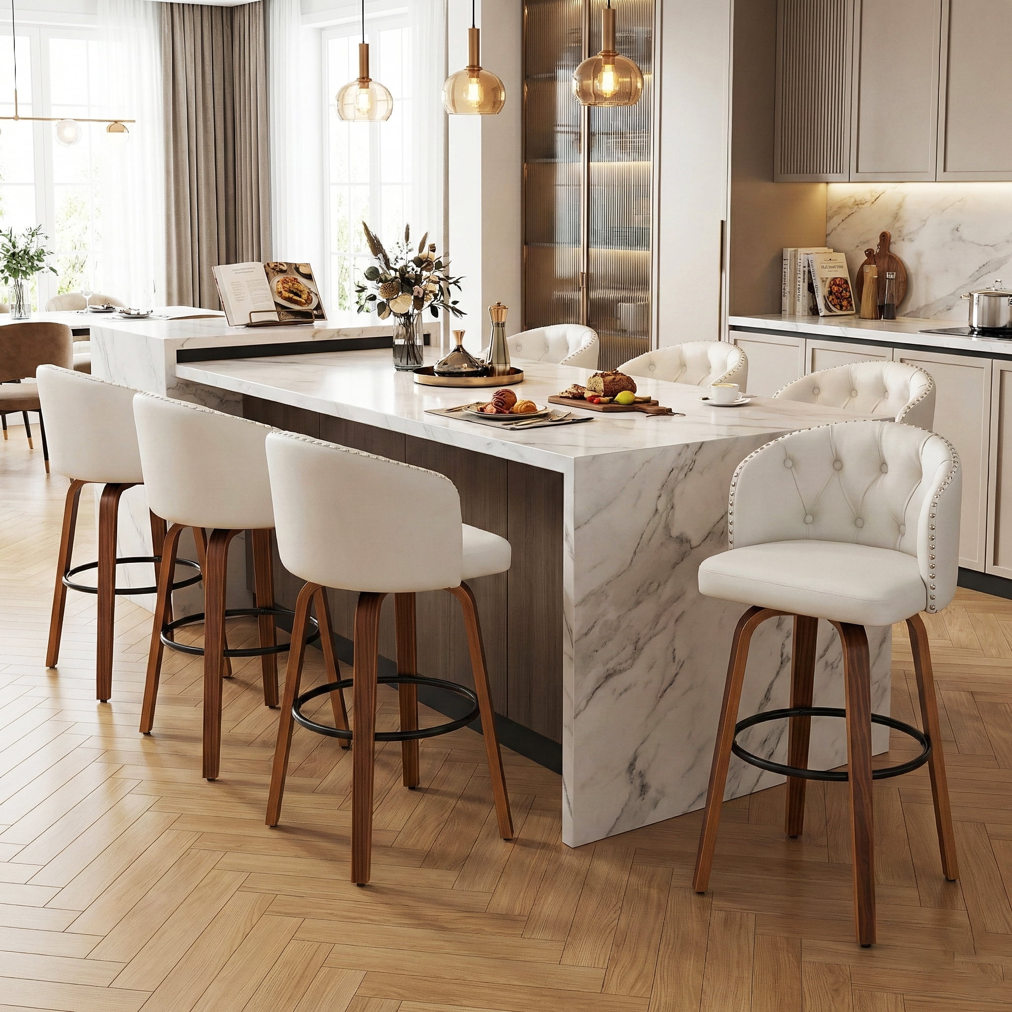 Fahomiss 28" Swivel Bar Stools with Back Set of 6, Leather Farmhouse Bar Height Stools, White