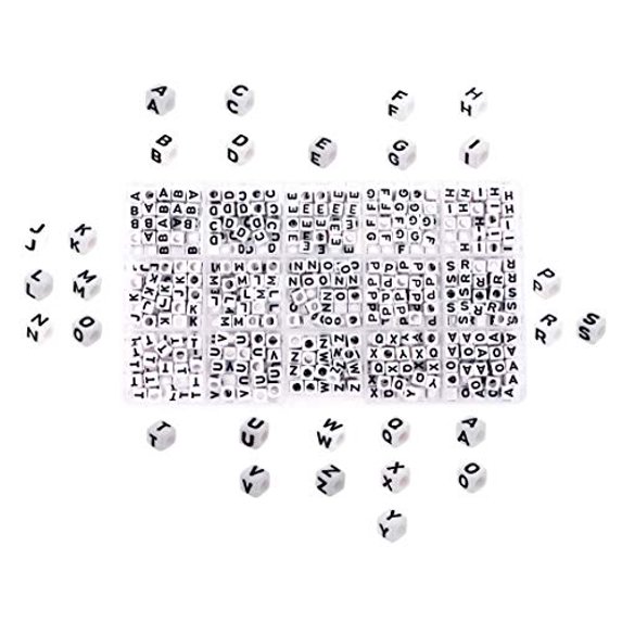 Mandala Crafts Letter Alphabet Pony Bead Set for Bracelet, Rave Kandi Jewelry Making; Black on White 6mm Sorted 600 Bead Letters;