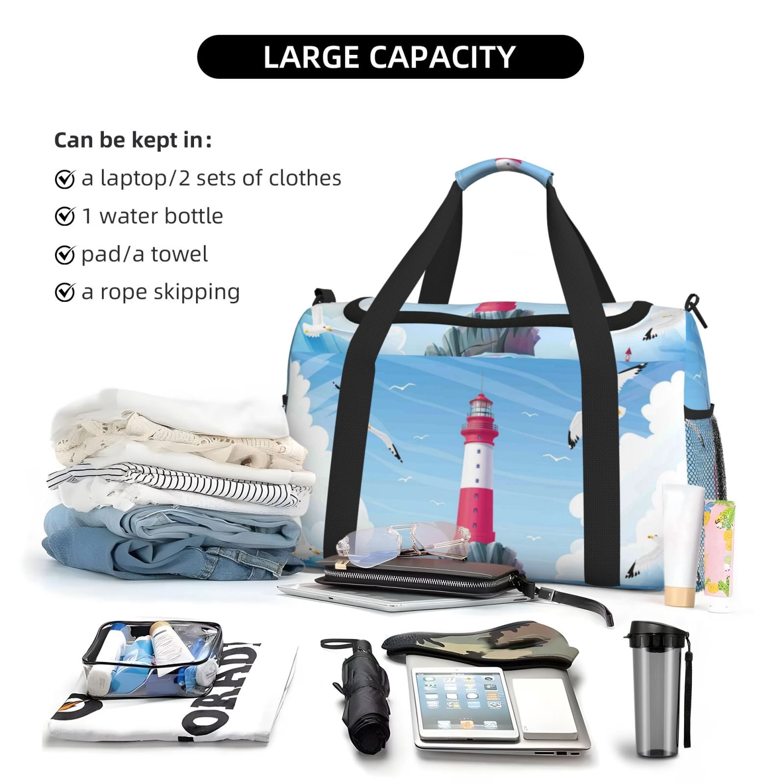 Defioc Lighthouse Sea Port Print Hand Travel Bag - Foldable Travel Duffel Bags for Men Women -Sport Gym Bag - Overnight Travel Duffel Bag - Adjustable Shoulder Strap