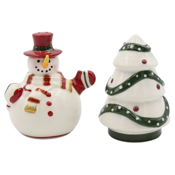 Ceramic Snowman Christmas Tree Salt and Pepper Shakers Gift Set