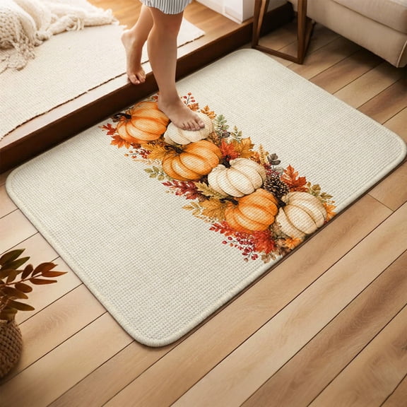 Front Door Mat Indoor Outdoor,Fall Pumpkin Absorbent Doormat,Thanksgiving Berry Maple Leaves Pinecones Beige Non-Slip Welcome Entrance Rug for Home Entryway,High Traffic Floor Mat 15.7''x23.6''