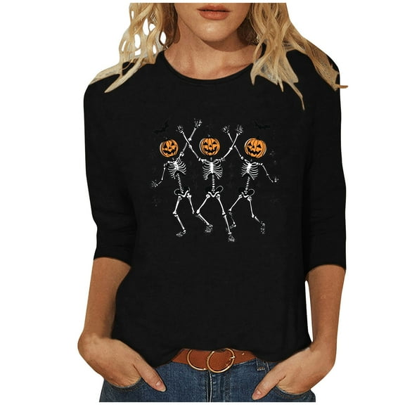 successthop Womens Halloween Shirts Plus Size Pumpkin 3/4 Sleeve Tee Skeleton Tops Holiday Fall Vacation Clothes Black