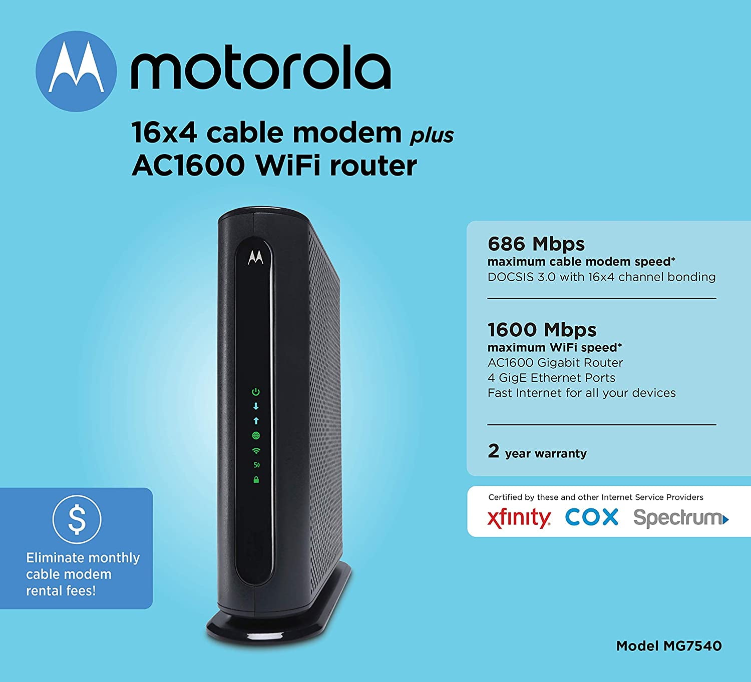 Motorola MG7540 Cable Modem AC1600 Dual Band Wi-Fi Router Combo DOCSIS 3.0 Certified by Comcast