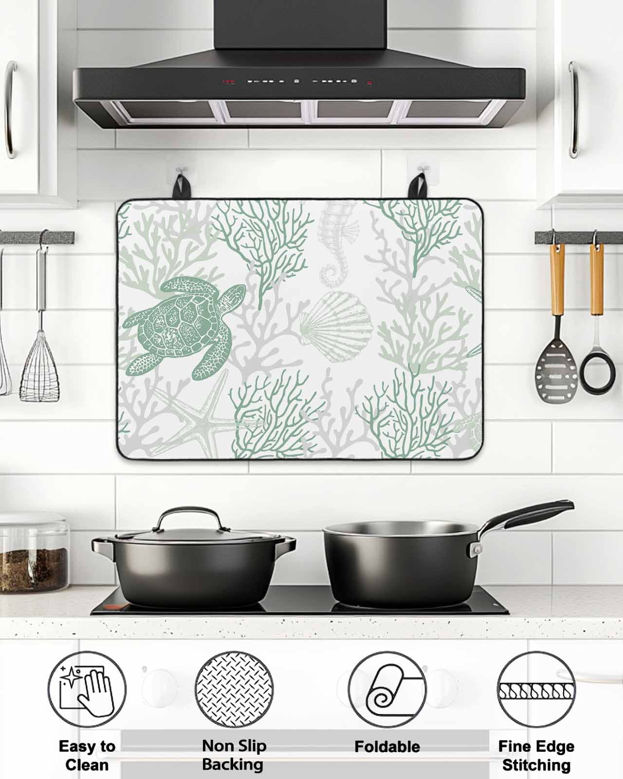 Stove Top Covers for Electric Stove, Green Coastal Glass Stovetop Cover Protector, Sea Turtle Nautical Coral Summer Beach Induction Cooktop Protector Oven Mat for Kitchen Countertop 24"x21"