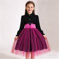 thumbnail image 2 of Vestido Formal Corto de Manga Larga Estilo Vestido de Malla de Solapa de Color Sólido para Niños con Mangas Hinchadas Y Falda en Capas, Cintura de Contraste con Arco, Vestido Cómodo Casual para Niños, 2 of 9