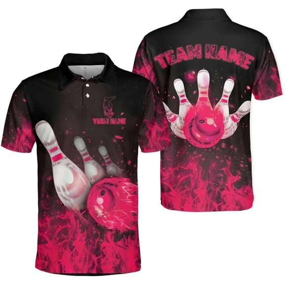 Custom 3D Bowling Polo Shirts for Men and Women Personalized Team Name Gift Unisex Customized Bowling Short Sleeve Polo Shirt (Pink, XL)