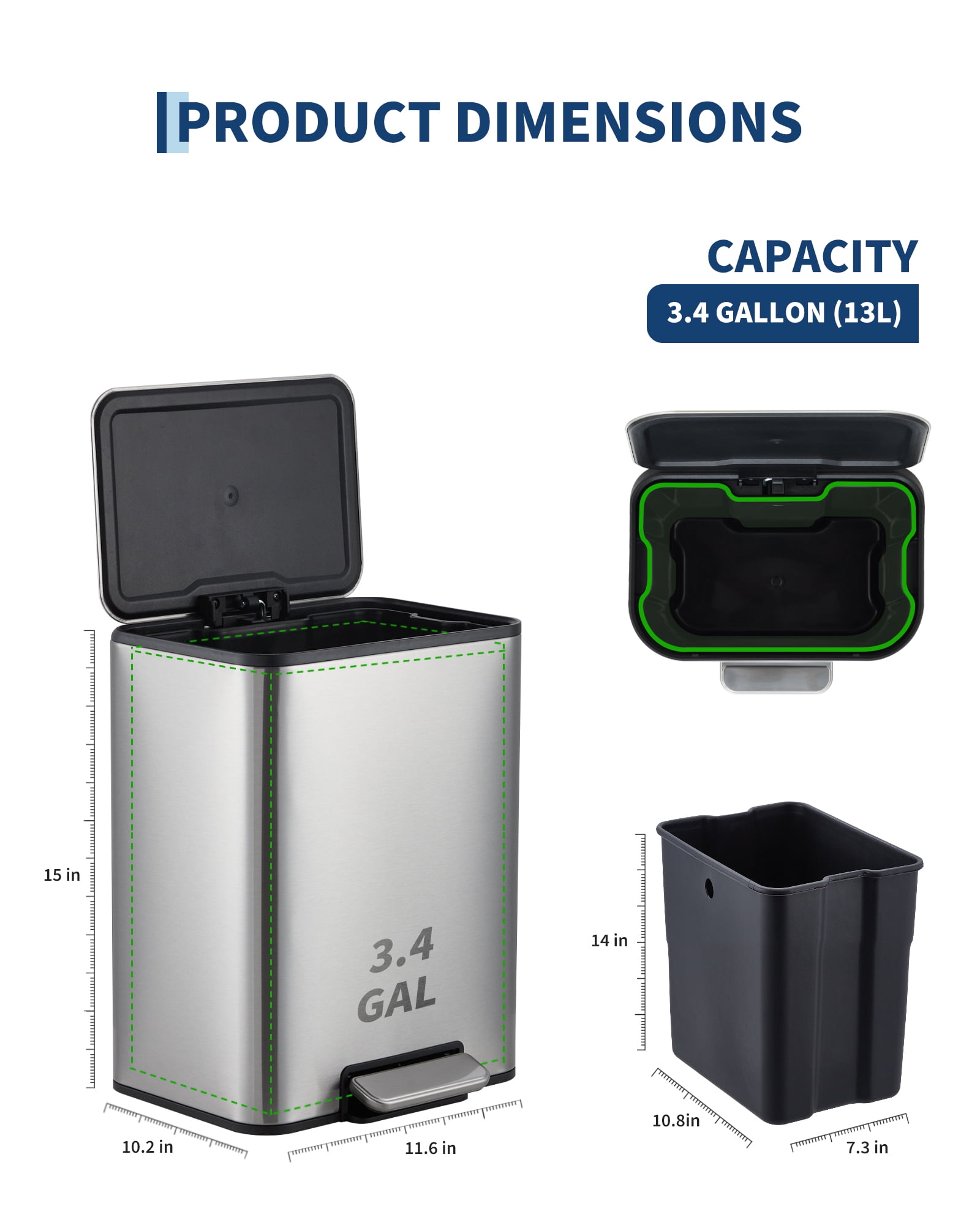 Space-Saving Bathroom Trash Can, 3.4 Gallon Small Trash Can with Soft-Close Lid, Foot Pedal & Removable Inner Bucket, Rectangular Stainless Steel Garbage Can for Home, Office, Silver