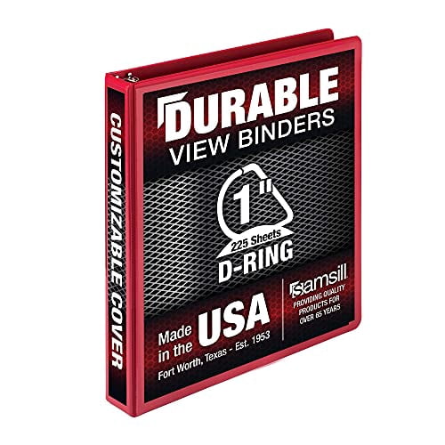 Samsill Durable 1 Inch Binder, Made in The USA, D Ring Binder, Customizable Clear View, Red, Holds 225 Pages