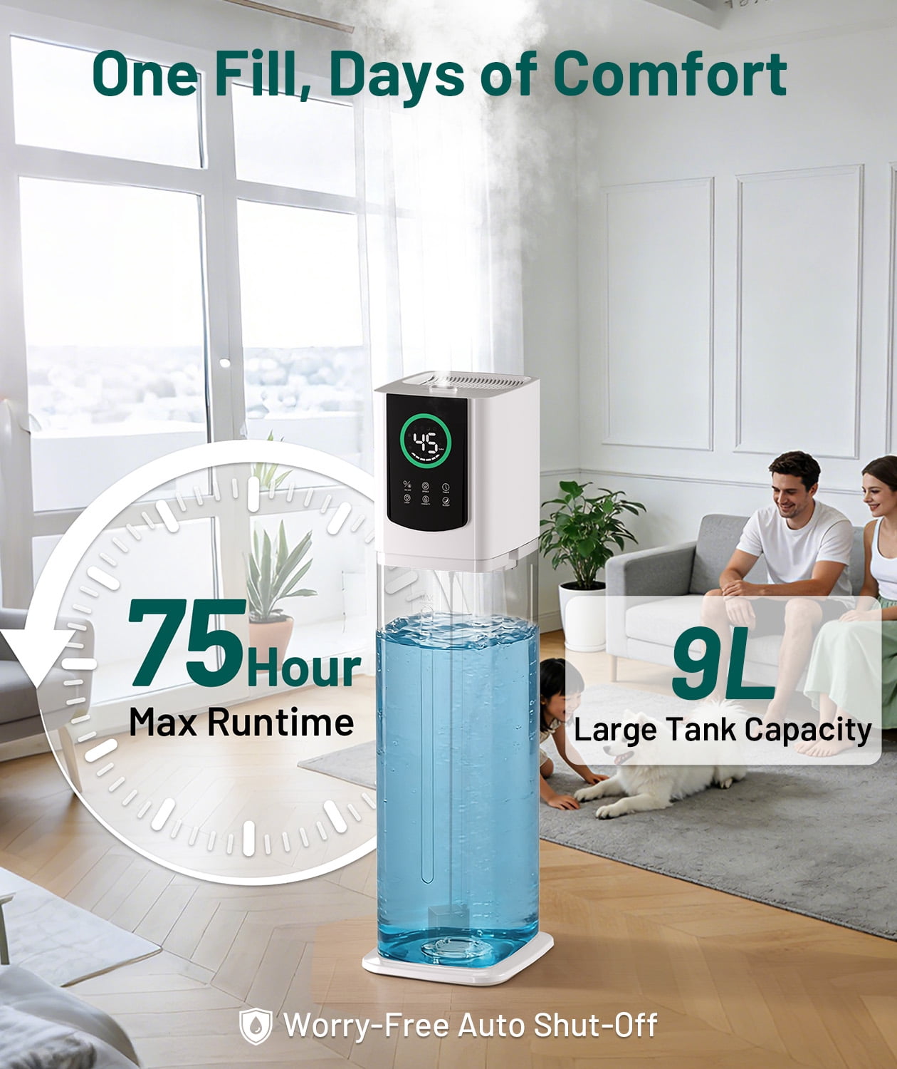 Dhole 9L Cool Mist Humidifier for Bedroom Ultra Quiet, 55+ Hours, Energy Efficient, Auto Shut-Off, Sleep Mode with Night Light for Baby Nursery, Home - Perfect for Large Rooms