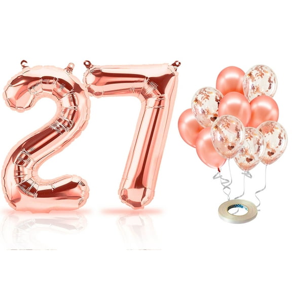 PARIS PRODUCTS - 27th Birthday Rose Gold Balloons & Number 27 Mylar Balloon, 27th Birthday Party Decor, 27th Birthday Decorations for Women, 27th Birthday Decorations Women 27
