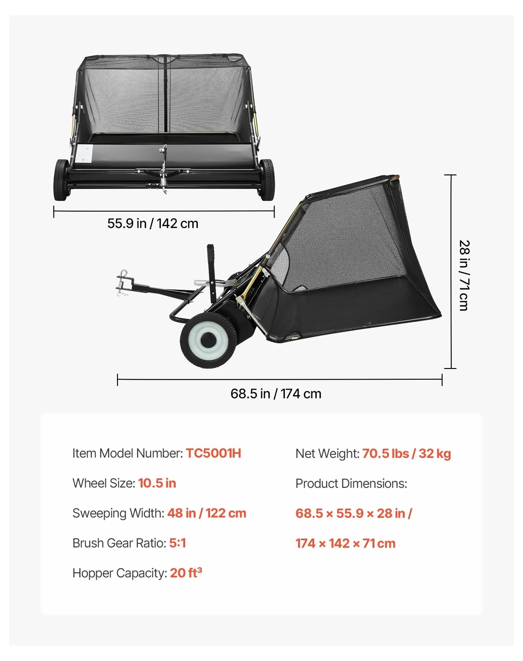 Tow Behind Lawn Sweeper 48 Inch - 20 cu.ft Hopper Bag Leaf & Grass Collector, Adjustable Height Garden Sweeper for Tractor, Yard Clean Up