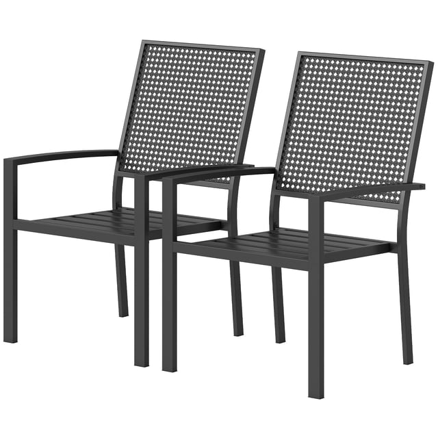 Set of 2 Stackable Outdoor Dining Chairs, Black Faux Wicker Steel Mesh Back Patio Chairs with Armrests and Slatted Seats for Garden, Backyard, Deck, Porch or Poolside, 35" H