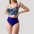 thumbnail image 2 of Women's Tropical Print Longline Bikini Top with High Waist Bottom and Lattice Side Details - Small, Blue, 2 of 3