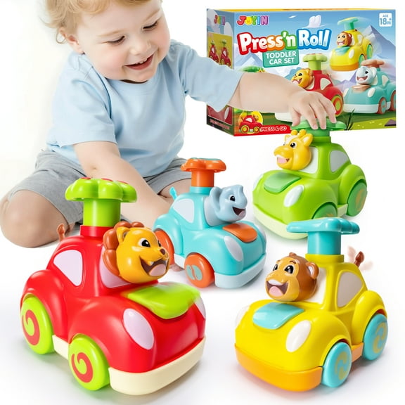 Joyfy 4 Pack Animal Toy Cars for Toddler 1 3, Press and Go Cars Includ Elephant, Monkey, Giraffe and Lion, Wind Up Toddler Present, Christmas Birthday Gift for Boys and Girls 2 4