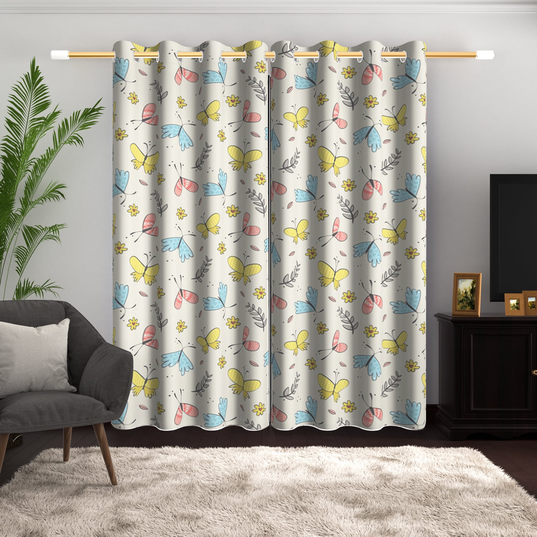 Lfeey Blackout Curtains for Girl Bedroom, Cute and Funny Butterfly Print, Metal Grommets, 52x63 Inches, 2 Piece Set