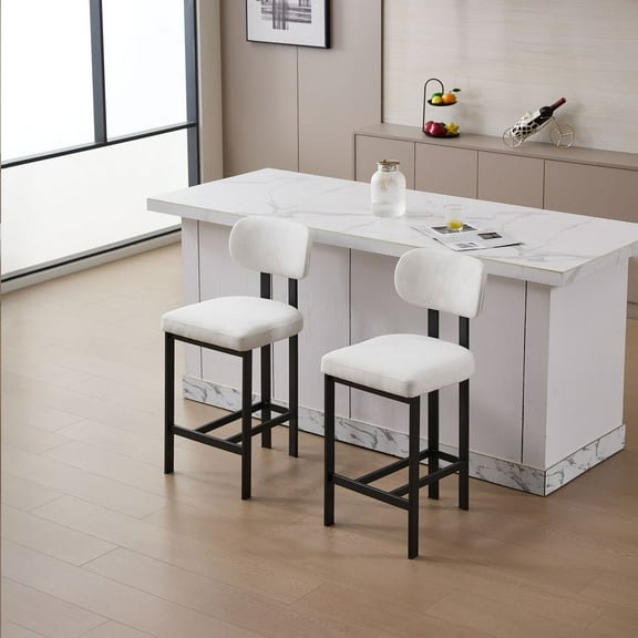Set of 2 Modern Upholstered Fabric Counter Height Bar Stools 26 Inch Black Metal Legs for Dining Room Kitchen Island Bar