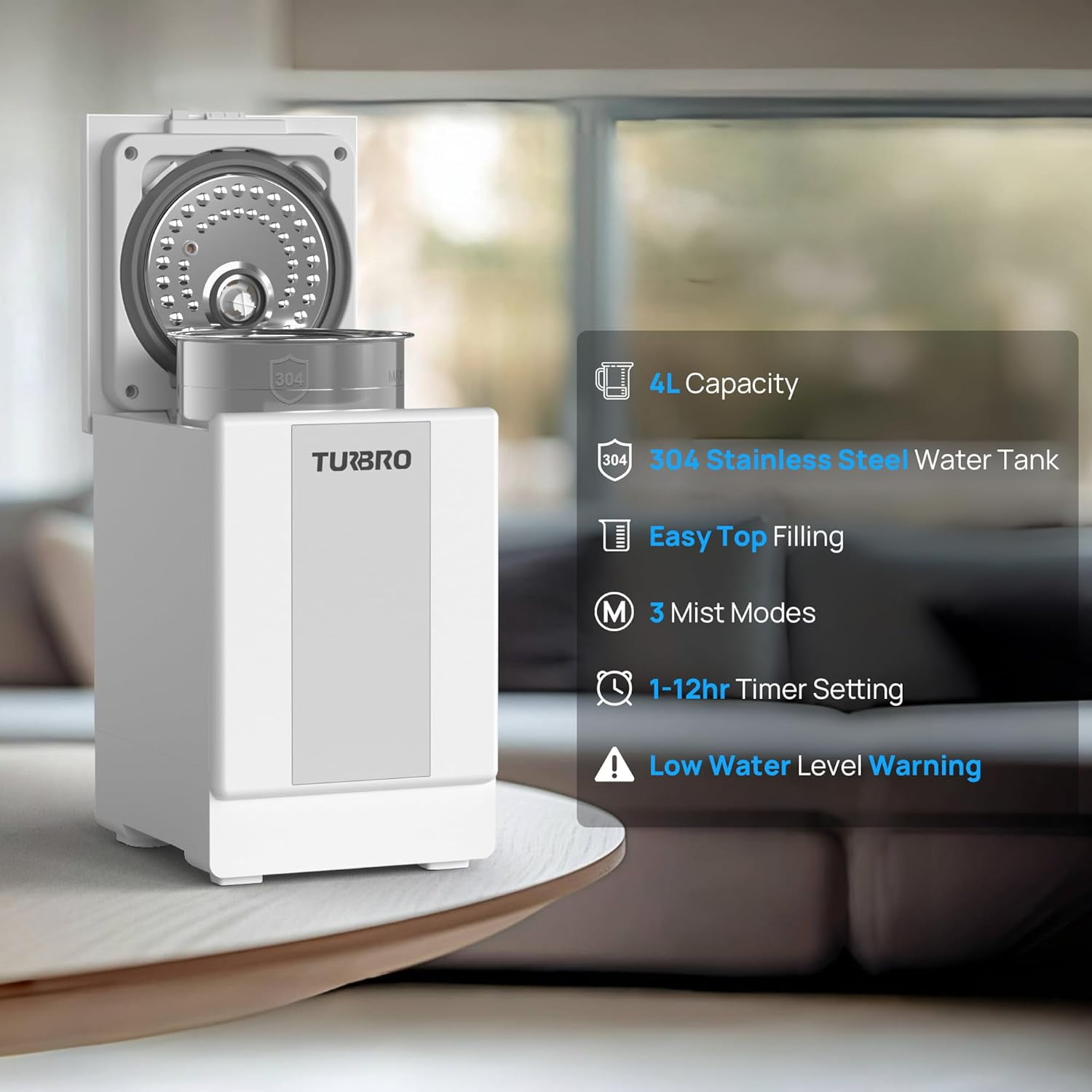 TURBRO 4L/1Gal 304 Stainless Steel Steam Humidifier, Warm Mist Humidifier for Bedroom Baby Nursery, 500 mL/h Output, Dishwasher Safe, Easy to Clean, 2 Misting Levels with Sleep Mode 1-12h Timer