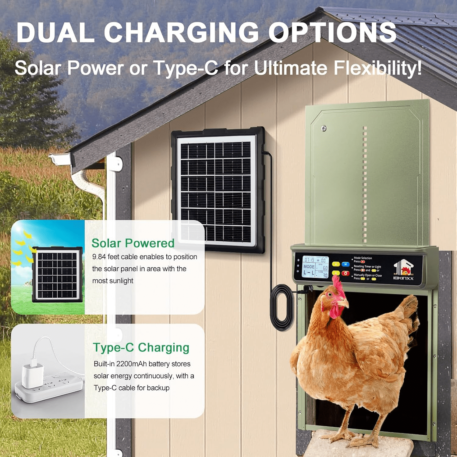 Automatic Chicken Coop Door Solar Powered with Timer, Light Sensor, Remote Control, LCD Display, Aluminum Alloy 4 Auto Modes Wide Chicken House Door, Anti-Pinch, Weatherproof, USB Backup, Green