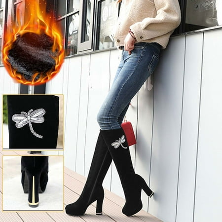 

Fashion Elegant Rhinestone Frosted Velvet British Knight Boots High Boots Thick Heel High Heel Women s Boots