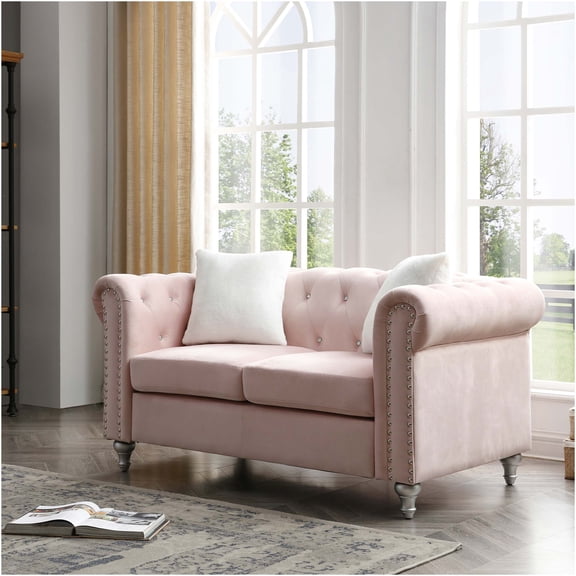 JERFIT Modern Velvet Loveseat Sofa for Small Space, Upholstered Armchair Couch with Round Arms, Comfortable Foam Seat, Pink