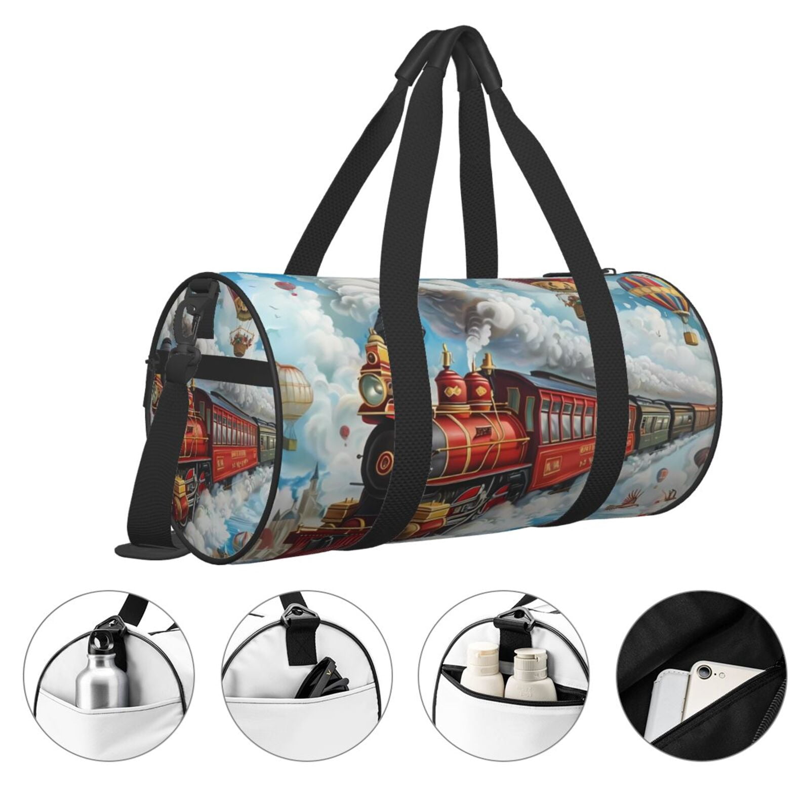 Vsdgher Red Train Hot Air Balloon 45L Foldable Duffel Bag, Sports Gym Bag,Overnight Bag, Portable Weekender Bag for Airplanes