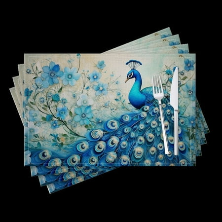 

BaHomeck placemats Set of 4 Blue Peacock Against Background Of Blue Flowers Cotton Linen rectangle Placemats for Kitchen Dining Table Indoor Outdoor 18*12inch