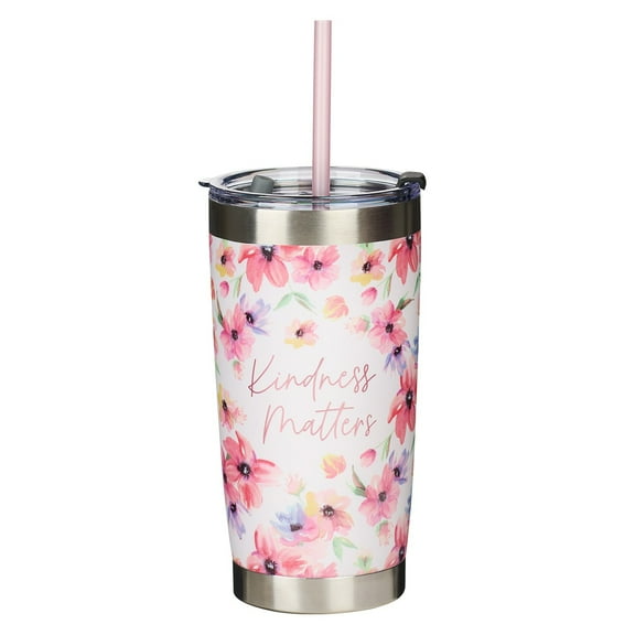 Kindness Matters Women's Inspirational Travel Tumbler Mug w/Lid and Reusable Straw, Pink Floral, 18oz Double Wall Vacuum Insulated Stainless Steel, With Love