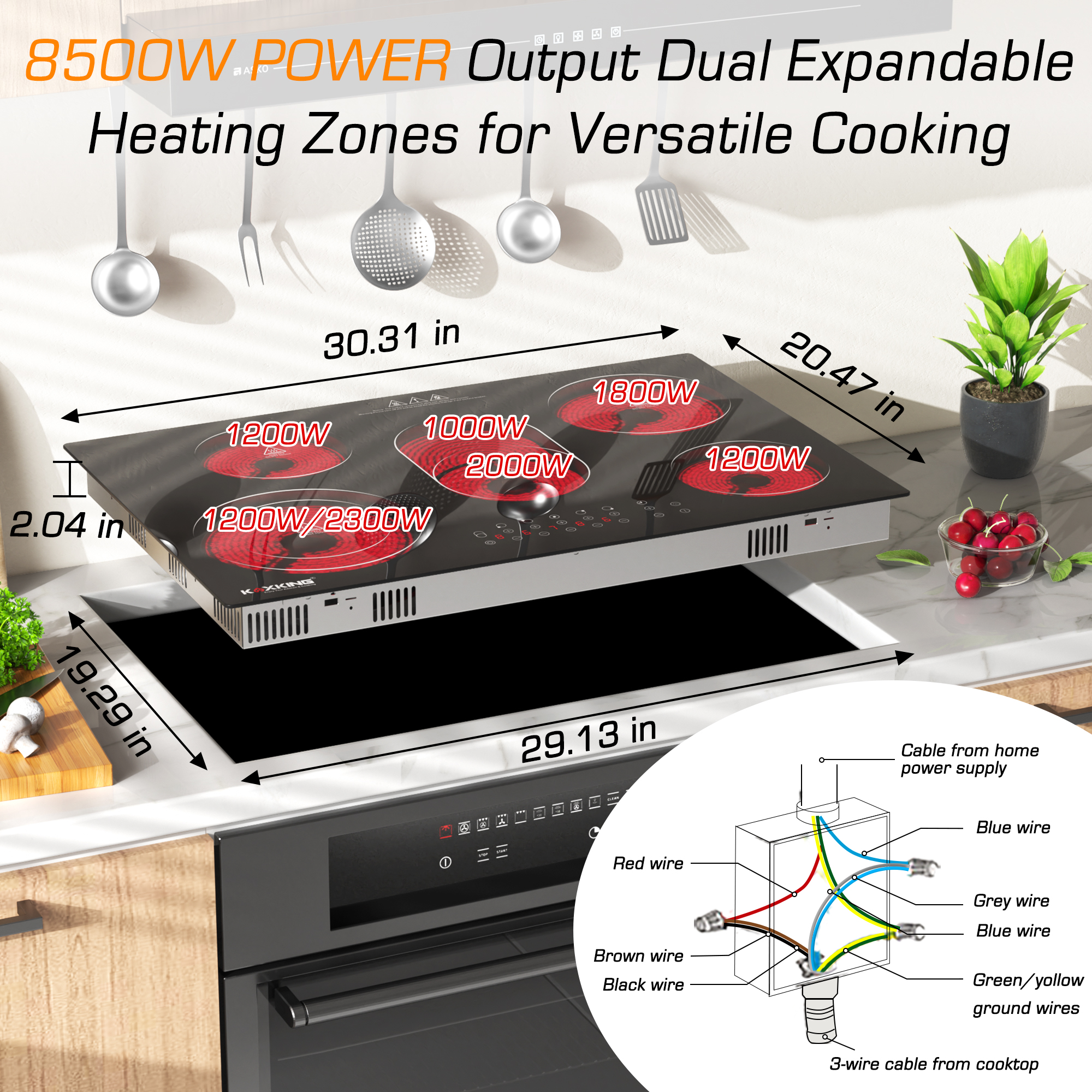 30 Inch Electric Cooktop 5 Burners, 8500W Built-in Radiant Ceramic Stove Top with Dual Expandable Heating Zone, Touch Control 9 Power Levels, Timer & Child Lock, Hard Wired 220-240V(NO PLUG)