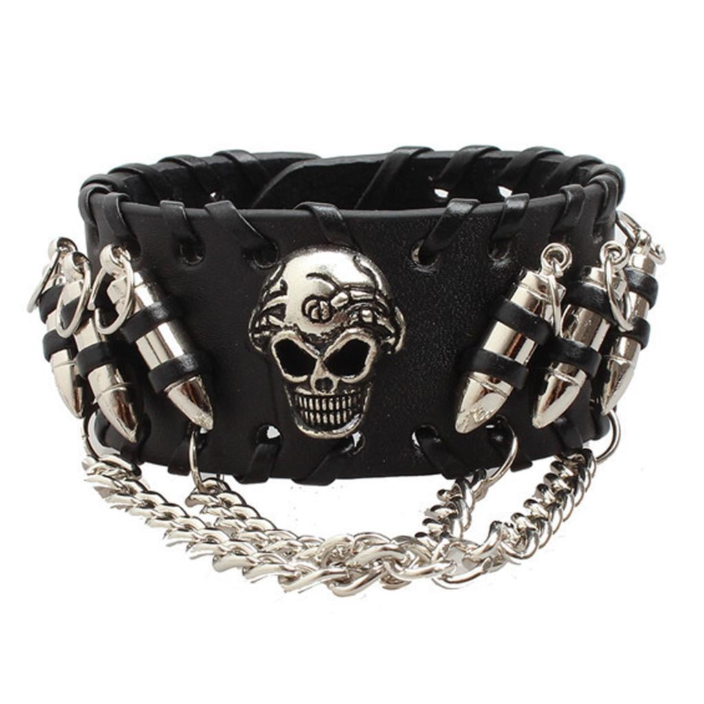 Black Leather Metal Bangle Bracelet Skull Wrist Band Hippie Wristband Walmart