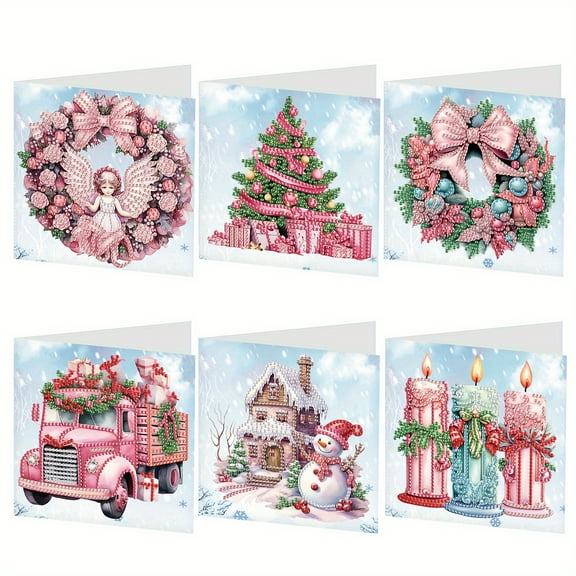 6 Pieces Diamond Art Painted Greeting Cards, Christmas Tree Snowman Truck Gift 5D DIY Special Shape Diamond Card Creative Gift, Christmas Thanksgiving Greeting Card Congratulation