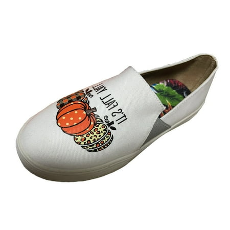 KELINFONG Women s Low Top Casual Slip on Flats Loafers Shoes Pumpkin Patterns Trendy Boat Shoes