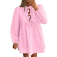 thumbnail image 1 of cfhntfmh Robes d'Automne pour Femmes 2024 Manches Longues Bouffantes Col Ras du Cou Robe Mini à Cordon Fluide Plissée Robe Tunique Badydoll, 1 of 1