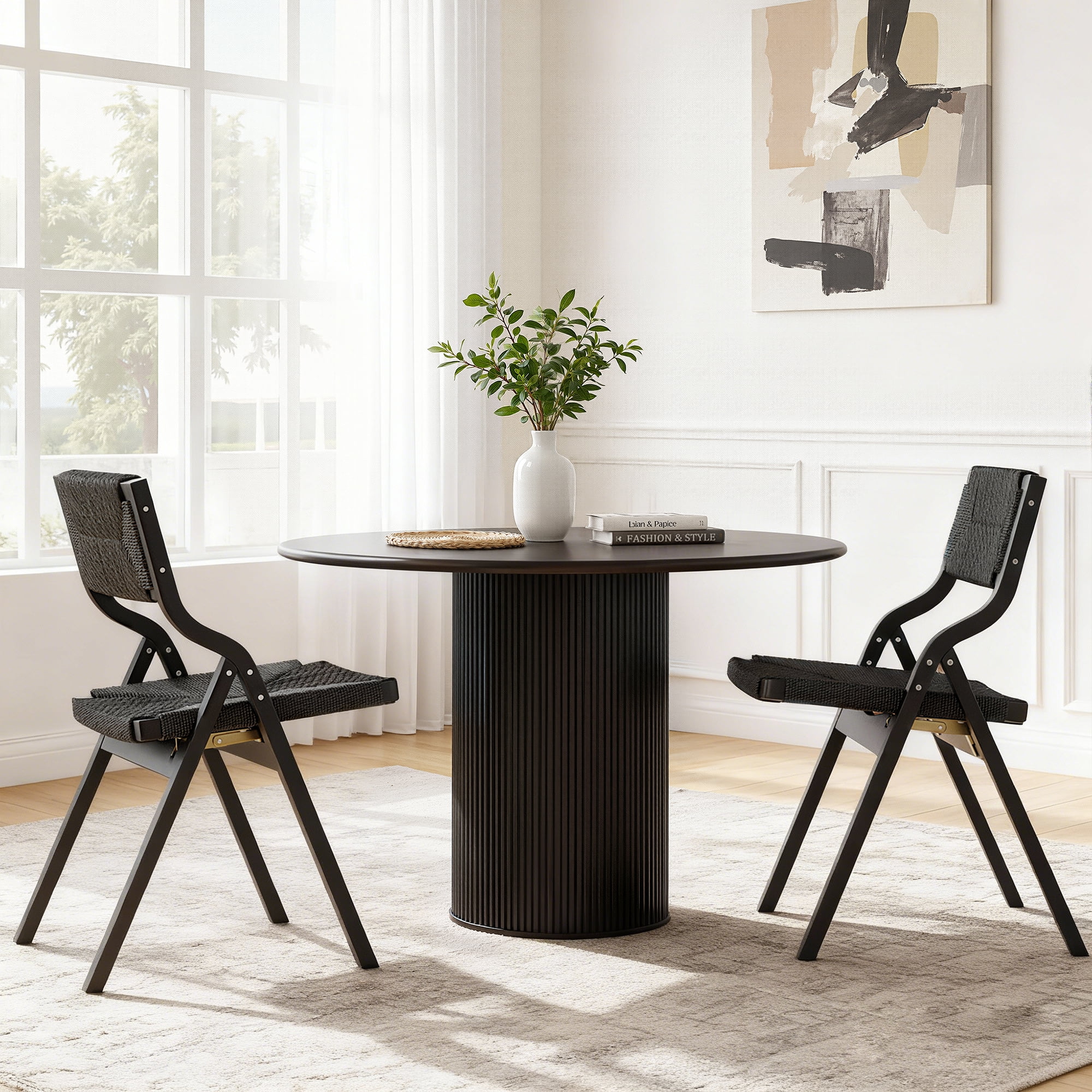 MAYEERTY 2-Set Wood Foldable & Stackable Dining Chairs for Dining Room, Woven Seat & Back, Black