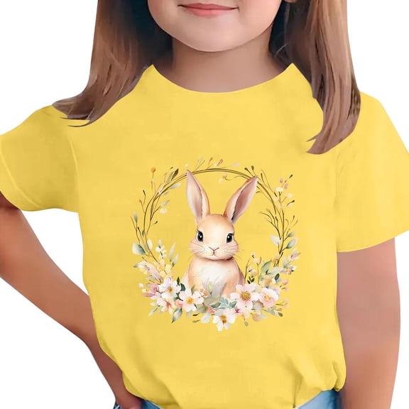 Girls Spring Bunny Top Yellow Floral Graphic Tee Easter Shirt for Kids Soft Short Sleeve T-Shirt,Size 4-5T