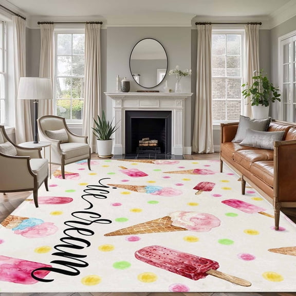 Ice Cream Area Rugs 6'x9', Washable Small Throw Rugs for Kitchen Dining room, Summer Pink Popsicle Colorful Polka Dots Indoor Outdoor Rug Non-Slip Low Pile Carpet Runner Reversible Floor Mats