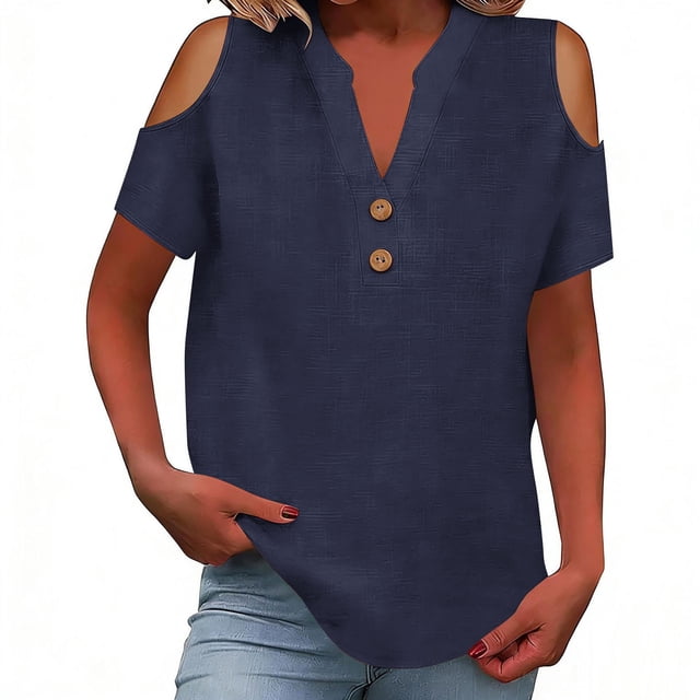 Loose Off The Shoulder Tops For Women Color Sólido Cuello en V Linen Feel Camiseta de Manga Corta, Tops de Lino para Mujeres Loose Fit Verano