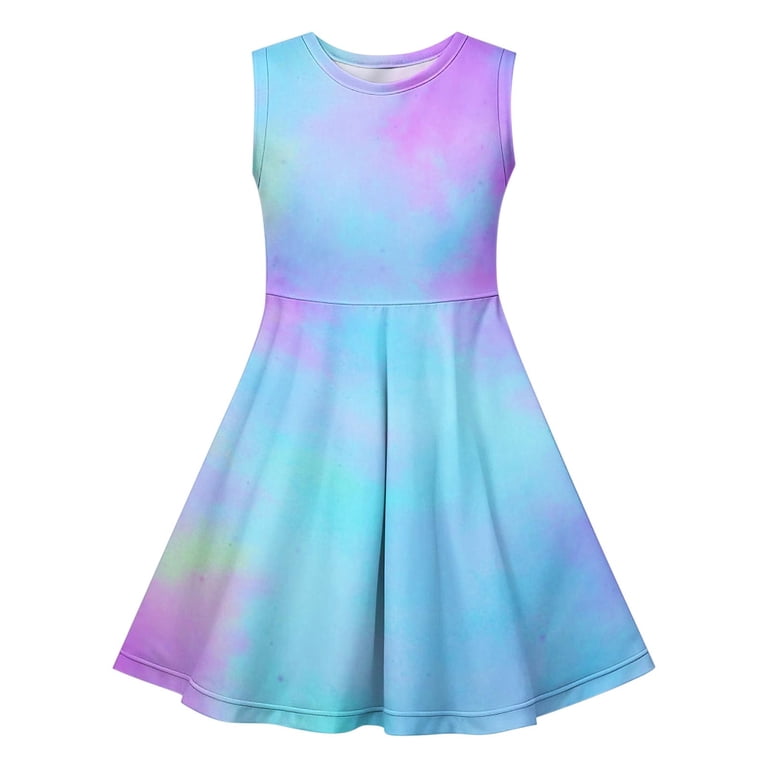 gienakse Girls Sleeveless Stretchy Dress, Tween a Line Flowy Skater Dress, Cute Printed Round Neck Sundress Child Short Sleeve Mini Dress Blue 9Y,