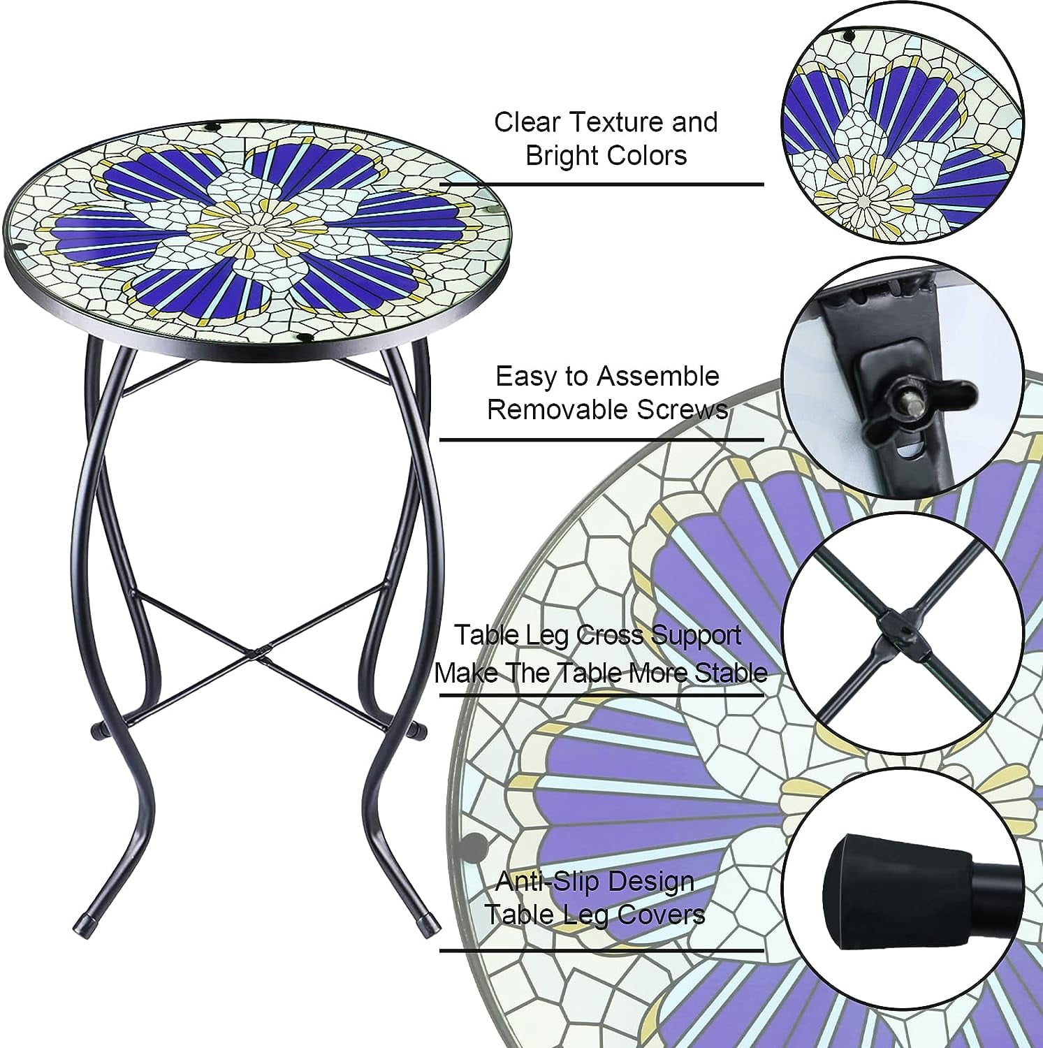 Arbuxzuy Mosaic Glass and Steel Outdoor Modern Round End Table, Blue