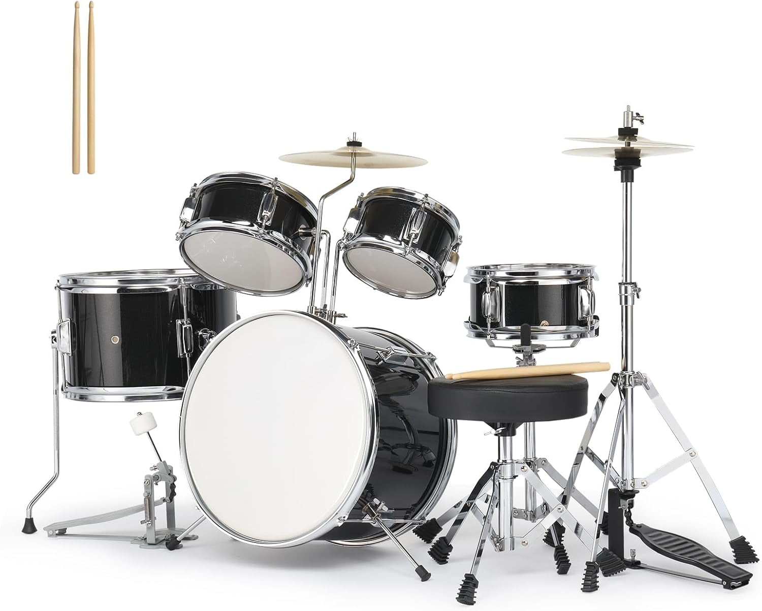 HarmonyStrings 5-Piece Complete Junior Drums Set, 14 Inch Beginners Drum Kit with Throne Stool, Pedal & Drumsticks, Drums Musical Instruments W/Cymbal, Hi-Hat, Floor, Tom and Snare Drum 16"x11" Black