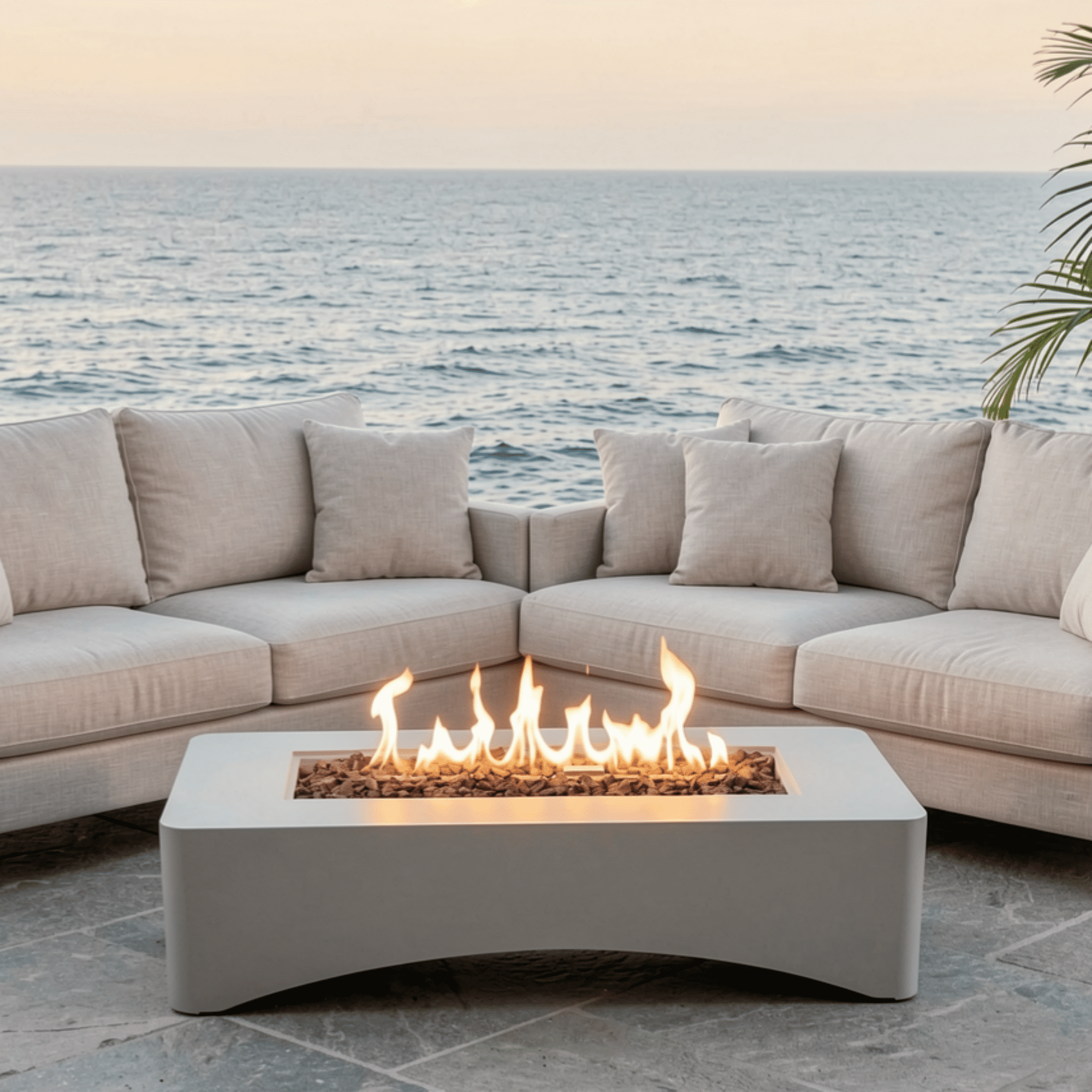 Propane Fire Pit Table, Rectangular Outdoor Gas Fire Pit 50,000 BTU, Modern Minimalist Fire Table for Patio Backyard Deck, Concrete Firepit with Waterproof Cover, Lava Rocks & Tank Seat–Light Grey