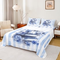 Manfei Dream Blue Perfume Flower Twin Sheet Sets,Watercolor Splash Ink Twin Fitted Sheet,Geometric Stripes Lines Flat Sheet For Kids,Breathable Home Decor,3 Pieces