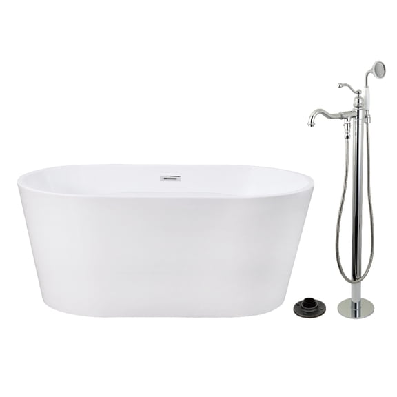 Kingston Brass KTDE5632131AL 56-Inch Acrylic Oval Double Ended Freestanding Tub with Faucet Combo and Drain in Glossy White/Polished Chrome