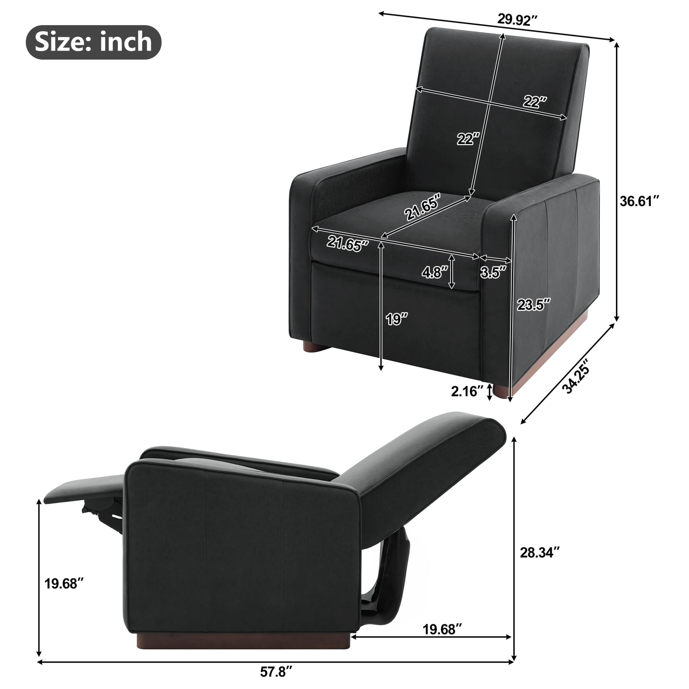 Christopher Knight Home Modern Manual PU Leather Recliner Chair, 2-Position Adjustable Back, Black